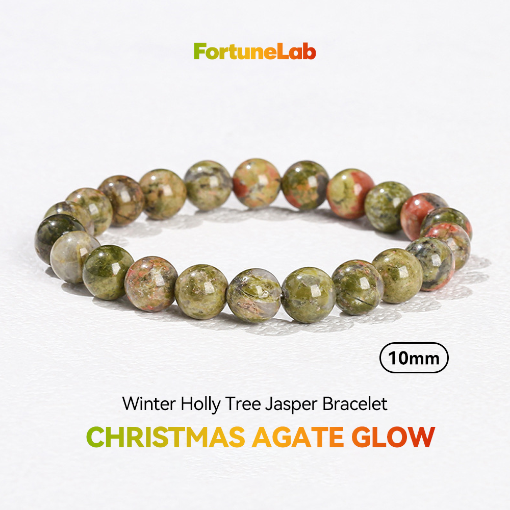 Winter Holly Tree Jasper Bracelet | 10mm Natural Unakite Christmas Holly